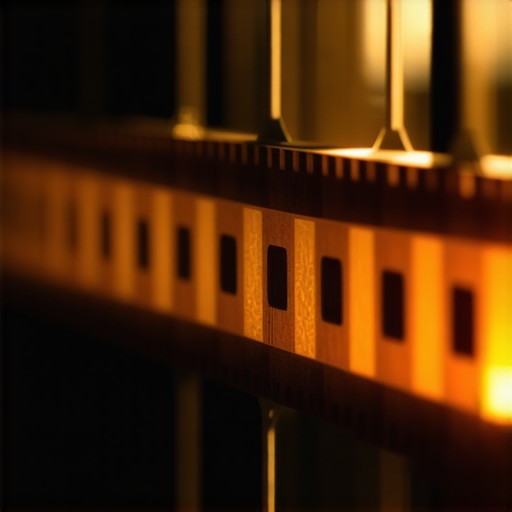 Macro view of a 35mm film projector gate simulating mechanical weave and jitter