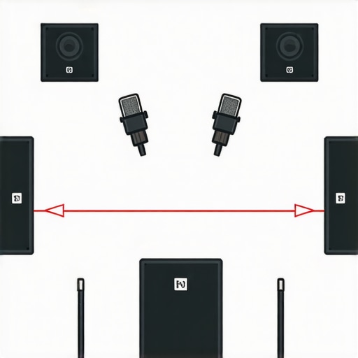 Diagram showing proper microphone placement for a two-person podcast to avoid phase cancellation