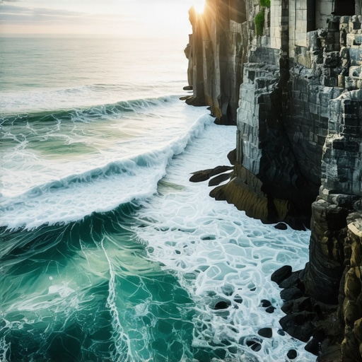 Coastal drone shot with sunbeams piercing through clouds onto the ocean.