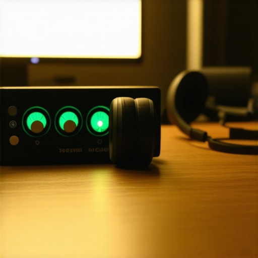 Professional zero-latency audio interface and wired headphones on an editing desk